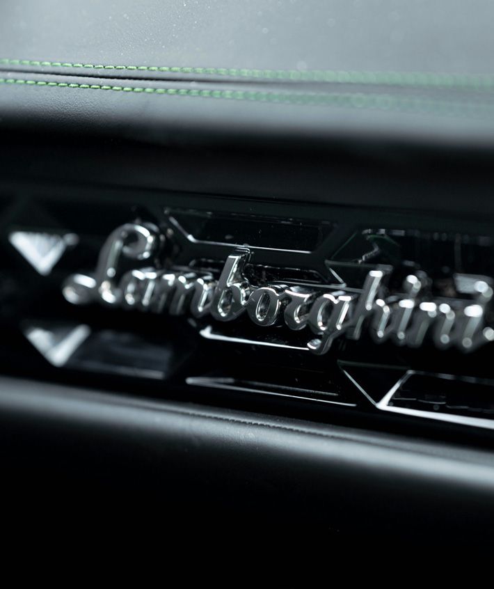 Gros plan sur le logo Lamborghini brillant sur une grille noire, illustrant un nettoyage detailing haut de gamme pour voitures.